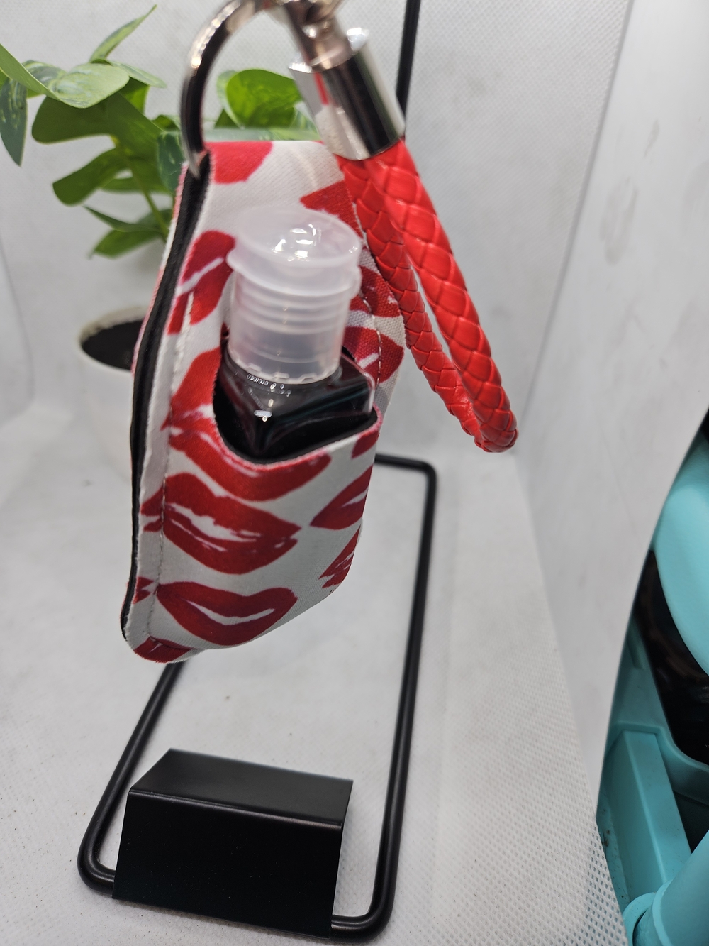 Hand Sanitizer Key Holder with Red Lip Print and Braided Strap